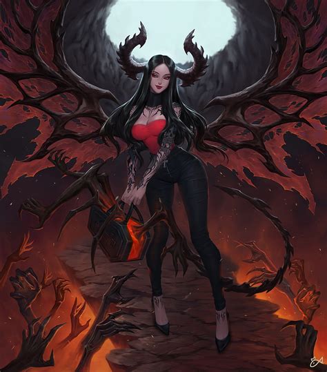 Women Fantasy Girl Demon Girls Horns Black Hair Long Hair Red Eyes Red Lipstick Hd Phone