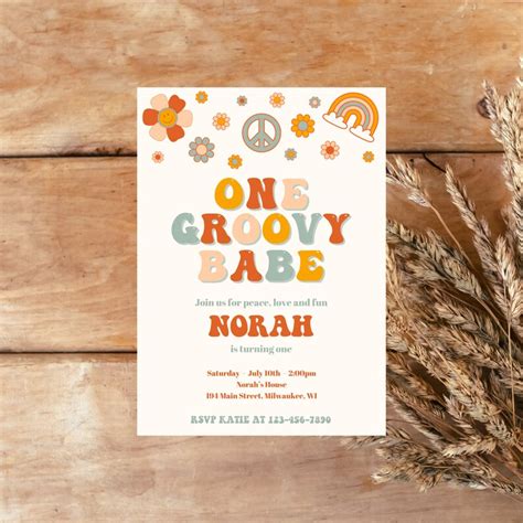 Editable One Groovy Babe Birthday Invitation First Birthday Invite Babys First Birthday