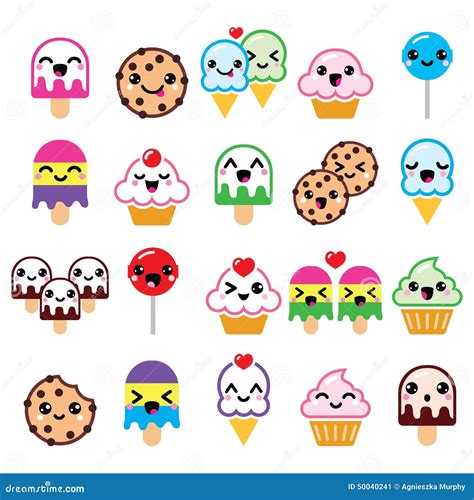 Cute Kawaii Food Characters Cupcake Ice Cream Cookie Lollipop Icons Stock Illustration