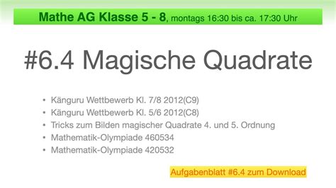 27 Mathe AG 5 Bis 8 6 4 Magische Quadrate Mathe Olympiade