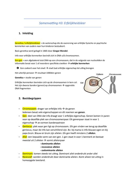 Samenvatting H3 Inleiding Genetica Erfelijkheidsleer De