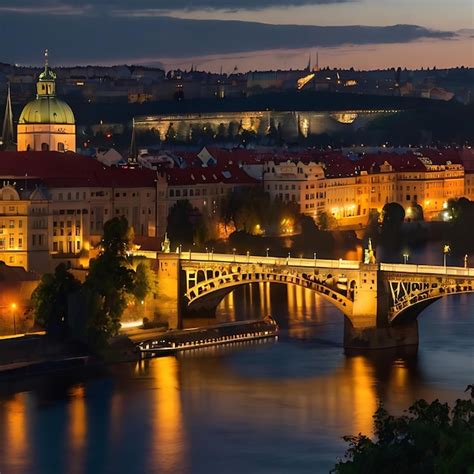 A vista do pôr do sol da ponte ler sobre o rio vltava em praga e a