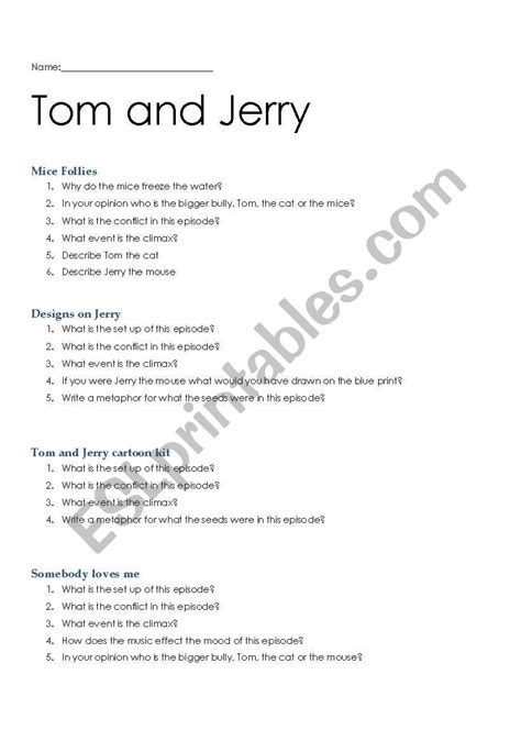 English Worksheets Tom And Jerry Work Sheet