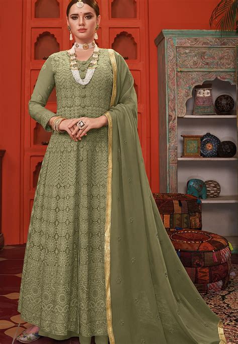 Green Georgette Embroidered Front Slit Long Anarkali Suit 1003