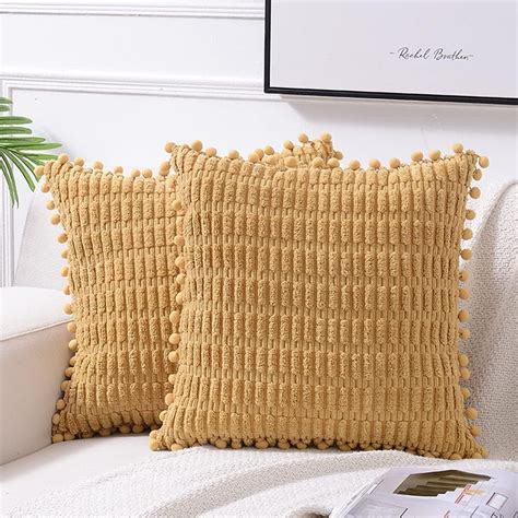 2 Packs Rust Decorative Throw Pillow Covers 18x18 Inch With Pom Poms For Couch Bed Living Room