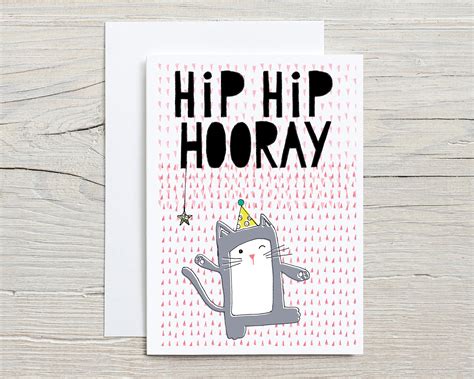 Party Greeting Card Cat Hip Hip Hooray Birthday Celebration Happy