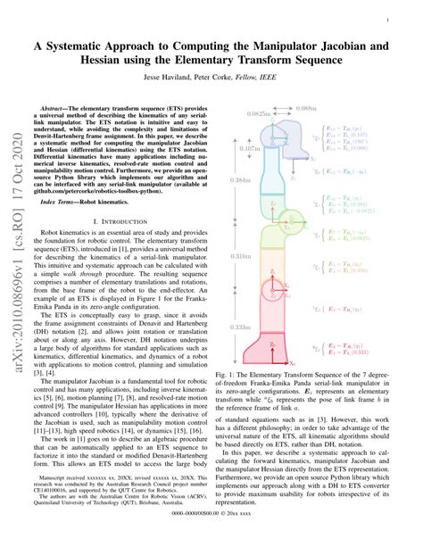 PDF A Systematic Approach To Computing The Manipulator Jacobian And