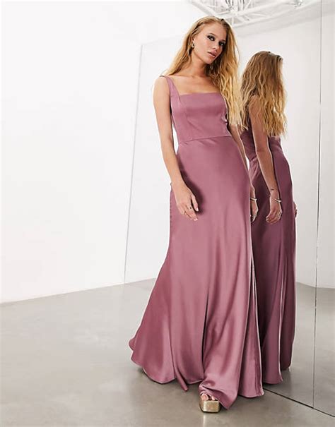 Asos Design Bridesmaid Satin Square Neck Maxi Dress In Orchid Asos