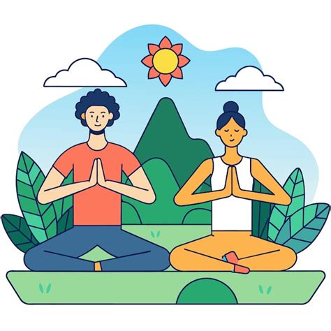 Un Dibujo De Un Hombre Y Una Mujer Haciendo Yoga En Un Parque Vector