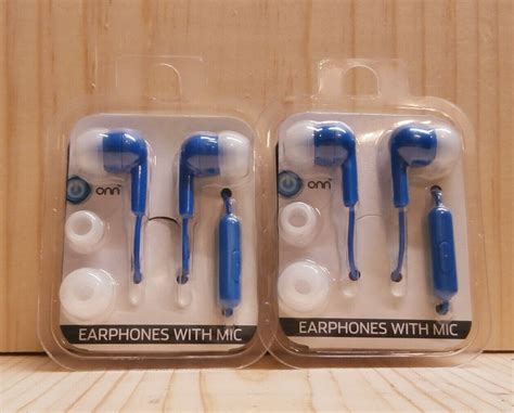 Onn Earphones With Mic Blue Color 3 Different Ear Tips 2 Packs Unopened