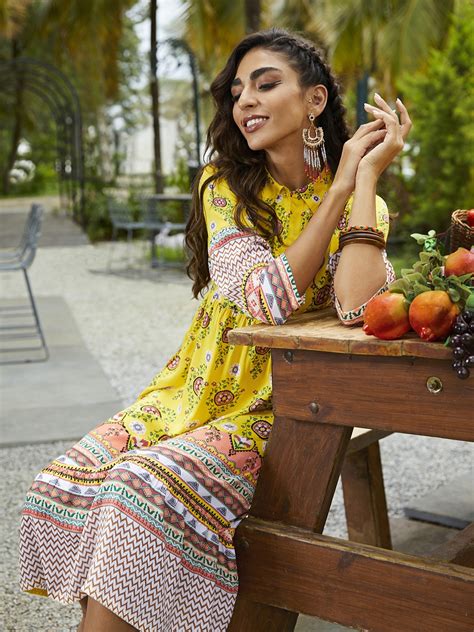 Buy Sangria Women Yellow Ethnic Motifs Printed A Line Midi Dress