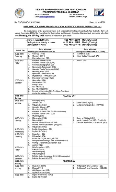 Federal Board Announces Date Sheet For Intermediate Exams 2023 Incpak