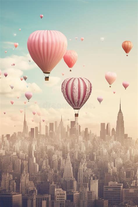 Cartoon Of Big Hot Air Balloons In The Sky Above Modern City With High Skyscapers Stock Photo