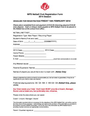 Fillable Online WPS Netball Club Registration Form 2014 Season Fax