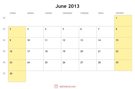 June 2013 calendar with holidays - monthly printable calendar