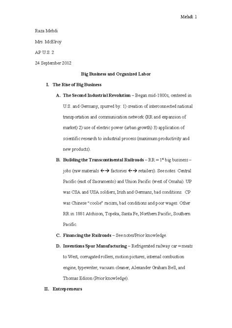 APUSH Tindall 20 - Chapter Notes on Big Business & Labor Issues - Studocu