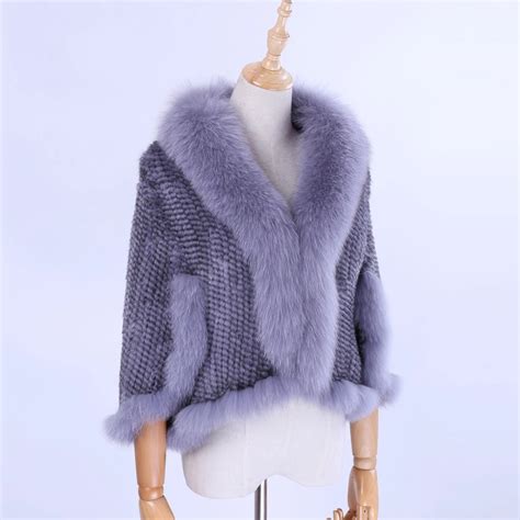 Luxury New Genuine Knitted Mink Fur Shawl Wrap Cape With Fox Fur Collar