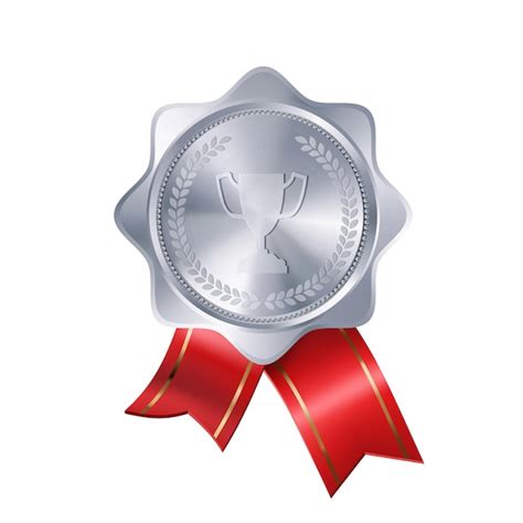 Premium Vector Realistic Silver Award Medal With Red Ribbons And