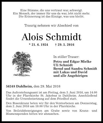 Traueranzeigen Von Alois Schmidt Rz Trauer De