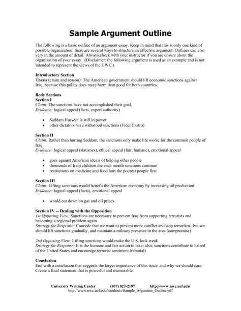 Sample Argument Outline University Writing Center