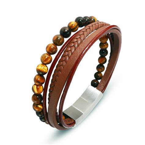 Bracelet Homme Rangs Cuirs Et Acier Et Oeil De Tigre X Cm Ref