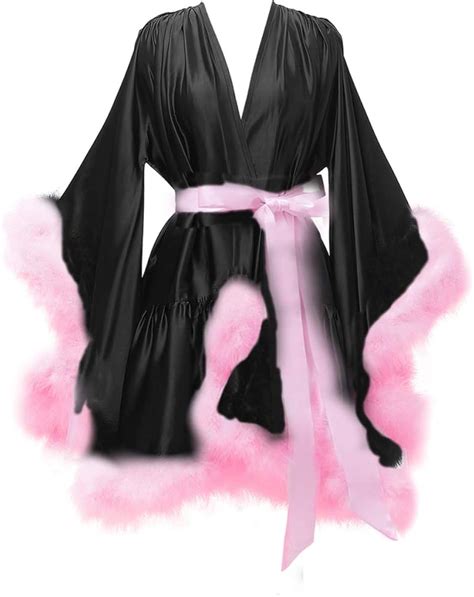 Yexinbridal Feather Fur Robe Silk Satin Bridal Dressing Gown Sexy Illusion Lingerie Nightgown