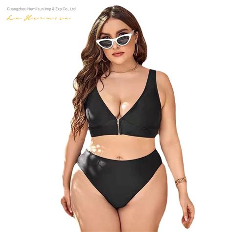 Sexy Bikini Plus Size Good Stretch Zipper Two Piece Bikini Suspenders High Waist Bathing Suit