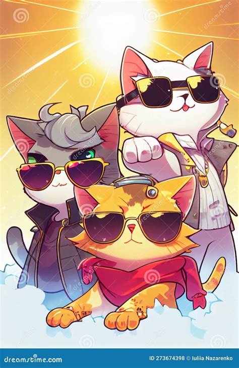 Three Cool Stylish Cats In Glasses Posing For The Camera Ai Generated