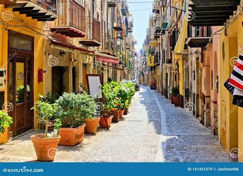 Narrow Street in the Old Town of Cefalu, Sicily, Italy Stock Image ...