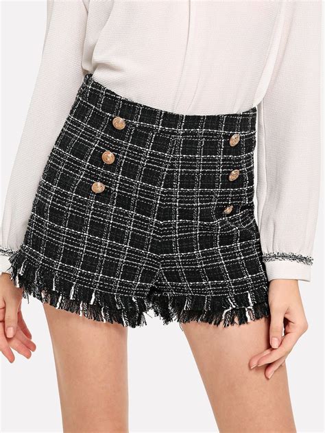 SHEIN Double Breasted Frayed Tweed Shorts Tweed Shorts Bottom