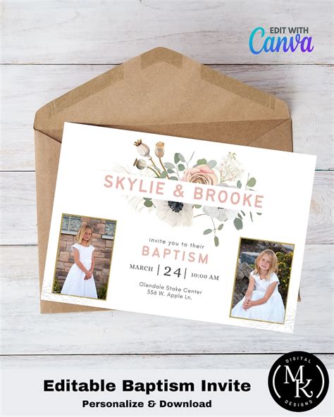 Editable Baptism Invitation for Twins, LDS Canva Template 106, Edit and ...