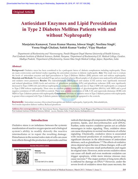 PDF Antioxidant Enzymes And Lipid Peroxidation In Type 2 Diabetes