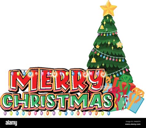 Merry Christmas Logo Banner With Christmas Tree Illustration Stock