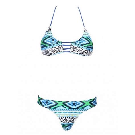 Choies Blue Folk Print Lattice Front Halter Bikini Top And Bottom