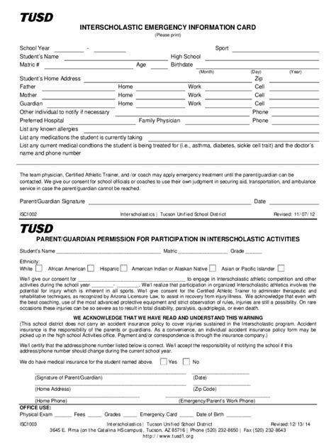 Fillable Online Emergency Information For Interscholastic Athletics Fax