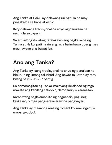 Haiku At Tanka Pagsasanay Ang Tanka At Haiku Ay Dalawang Uri Ng