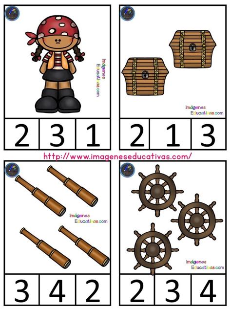 Tarjetas de asociación cantidad grafía imágen Pirate activities