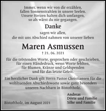 Traueranzeigen Von Maren Asmussen Sh Z Trauer