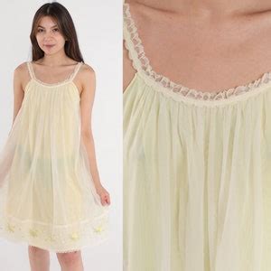 Pale Yellow Nightgown 70s Lingerie Slip Dress Floral Embroidered Lace Trim Mini Nightie Tent