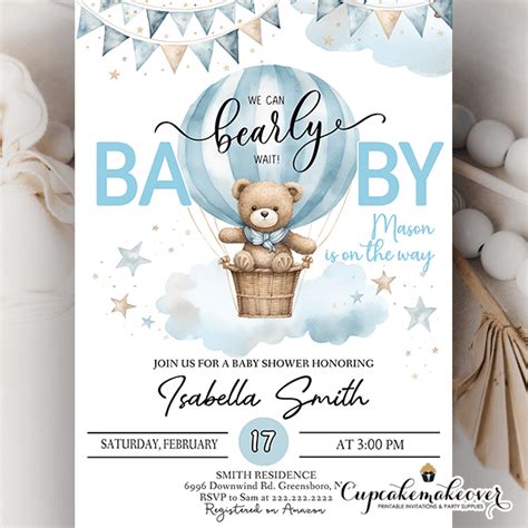 Hot Air Balloon Teddy Bear Baby Shower Invitations Boy Cupcakemakeover
