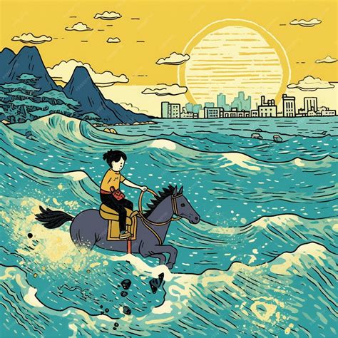 Premium AI Image | a cartoon of a boy riding a horse in the water.