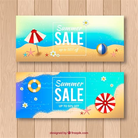 Banners De Venta De Verano Con Playa En Estilo Realista Vector Gratis