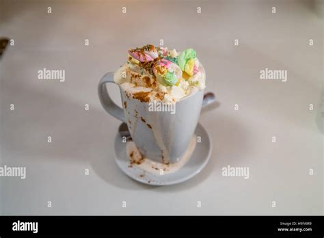 A Tasty Hot Chocolate With Lots Of Whipped Cream And Marshmallows Stock Photo Alamy