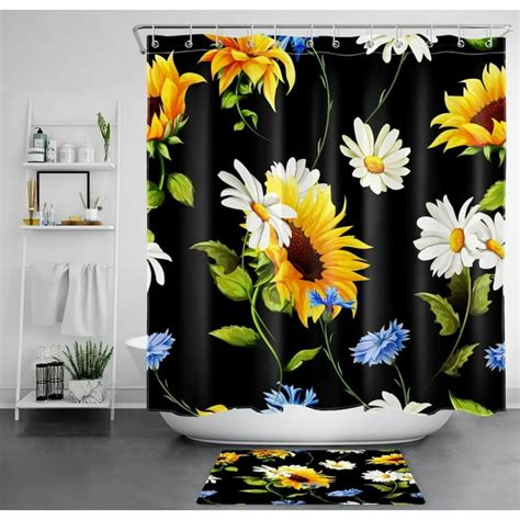 Nature Inspired Elegance Green Leaf And Sunflower Shower Curtain Set