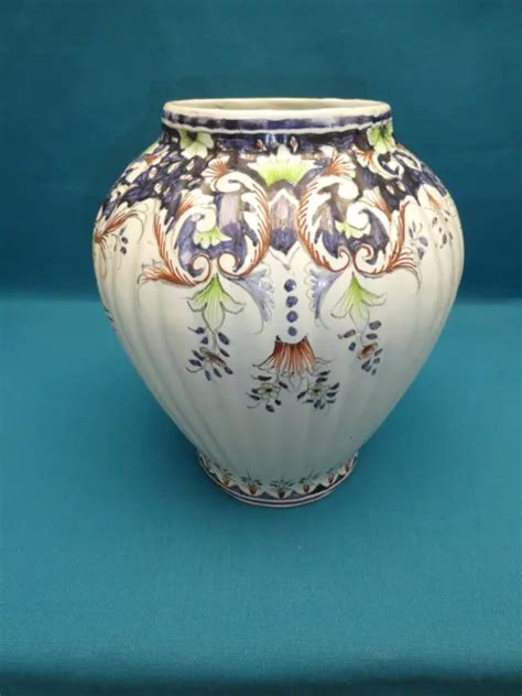 Ancienne Grande Potiche Vase En Faience Polychrome D Cor Rouen Eur