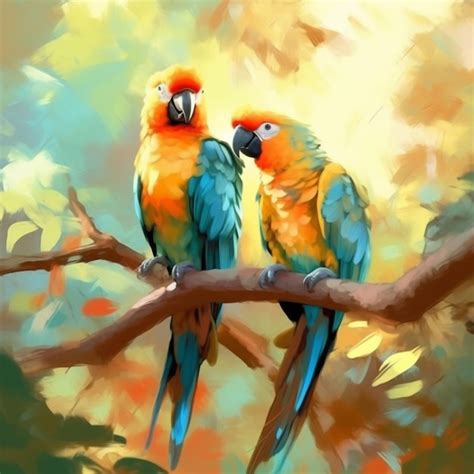 Premium Photo Painting Of Two Colorful Birds Sitting On A Branch Of A