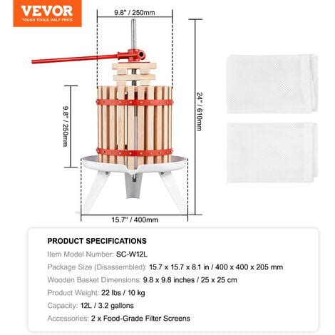 VEVOR Pressoir A Fruits Manuel 12 L Pressoir A Vin En Bois Massif Avec