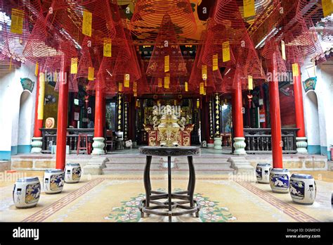 Chinese temple, interior view with spiral joss sticks, Hoi An, Quang ...