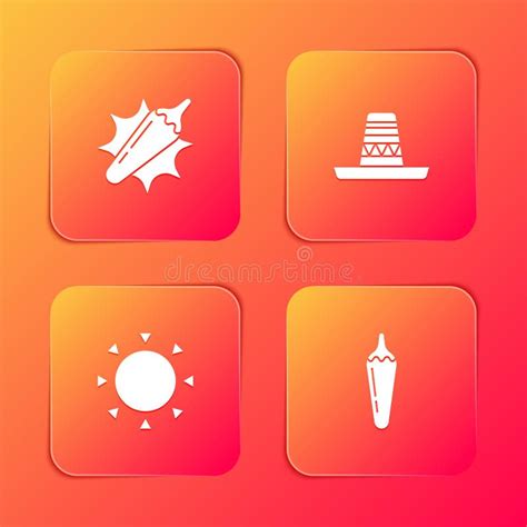 Set Hot Chili Pepper Pod Mexican Sombrero Sun And Icon Vector Stock Vector Illustration Of