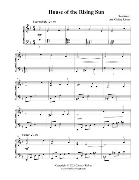 House Of The Rising Sun Intermediate Piano Arr Chrissy Ricker By Traditional Sheet Music